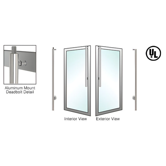 Brushed stainless steel tubular deadbolt handle for glass doors, 1-1/4" diameter, interior/exterior views, AL/wood mount