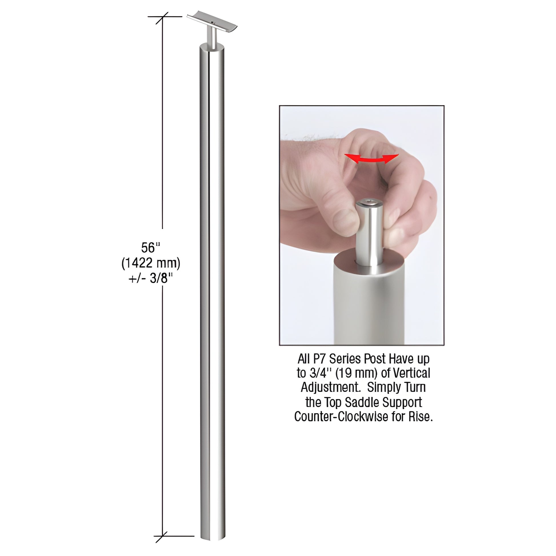 P7BPFPS stainless steel blank post, 56" height, polished finish with adjustable top saddle for handrail or glass railing.