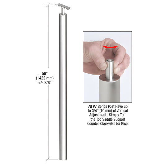P7BPFPS stainless steel blank post, 56" height, polished finish with adjustable top saddle for handrail or glass railing.