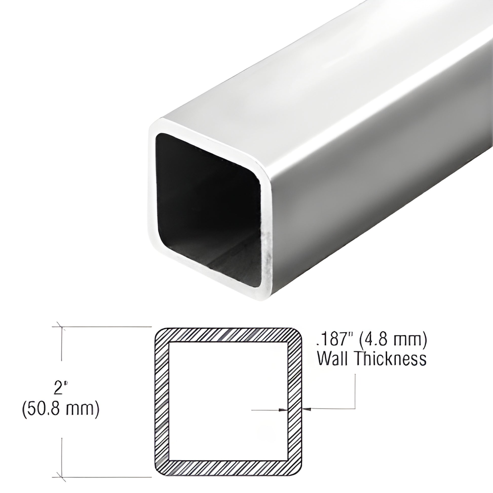 Polished stainless 2" square pipe tubing PR2PS10, 0.187" wall, hollow handrail/guardrail section