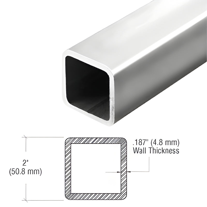Polished stainless 2 in square pipe rail tubing SKU PR2PS20, .187 in wall, rounded hairline corners