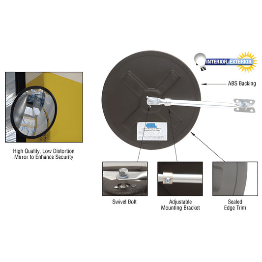 PLXR18 18" plexiglas convex safety mirror with rubber edge, adjustable mounting arm, sealed ABS back - 160 wide-angle