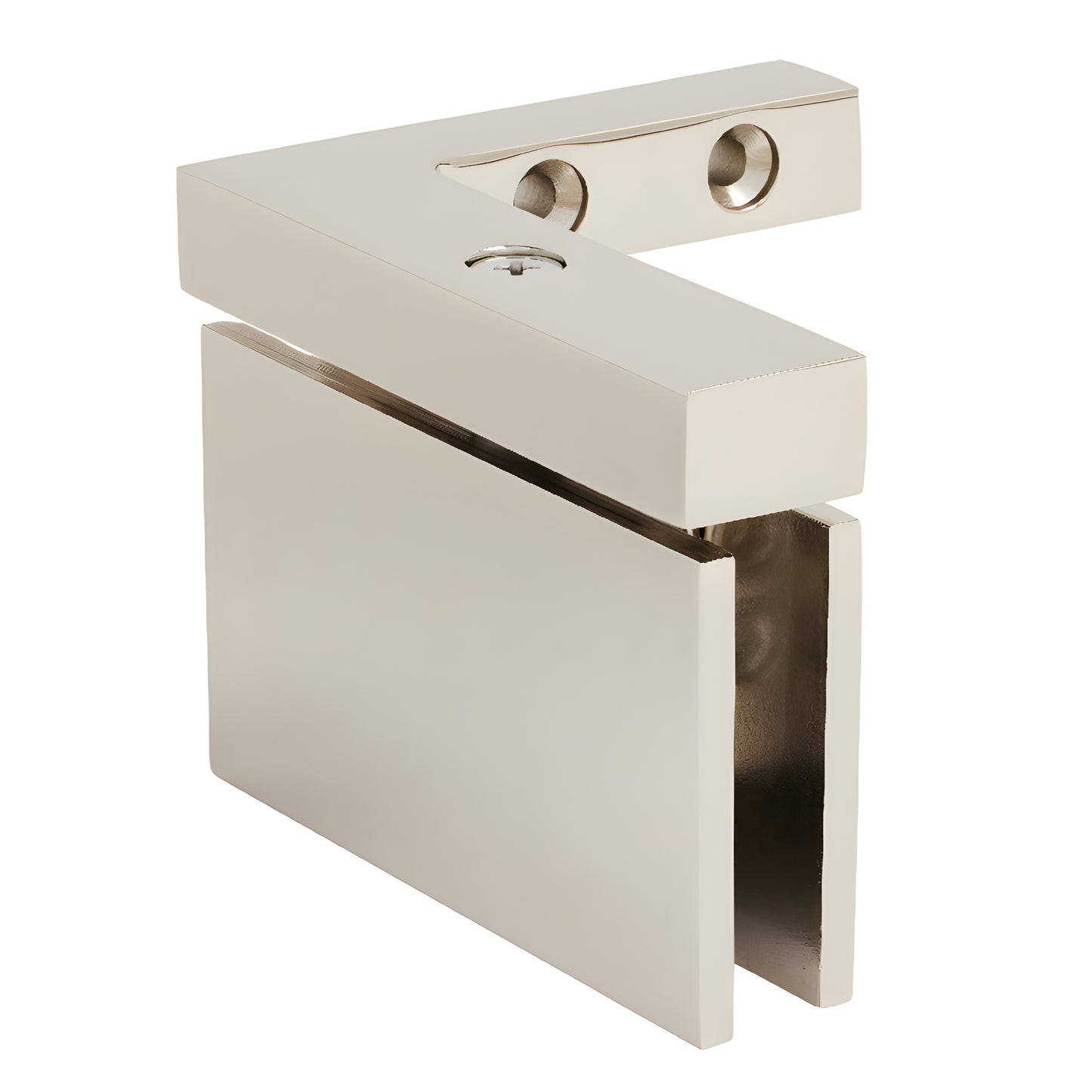 Polished nickel Cardiff left-hand offset pivot hinge for 8-10mm glass, solid brass - SKU CAR05LPN