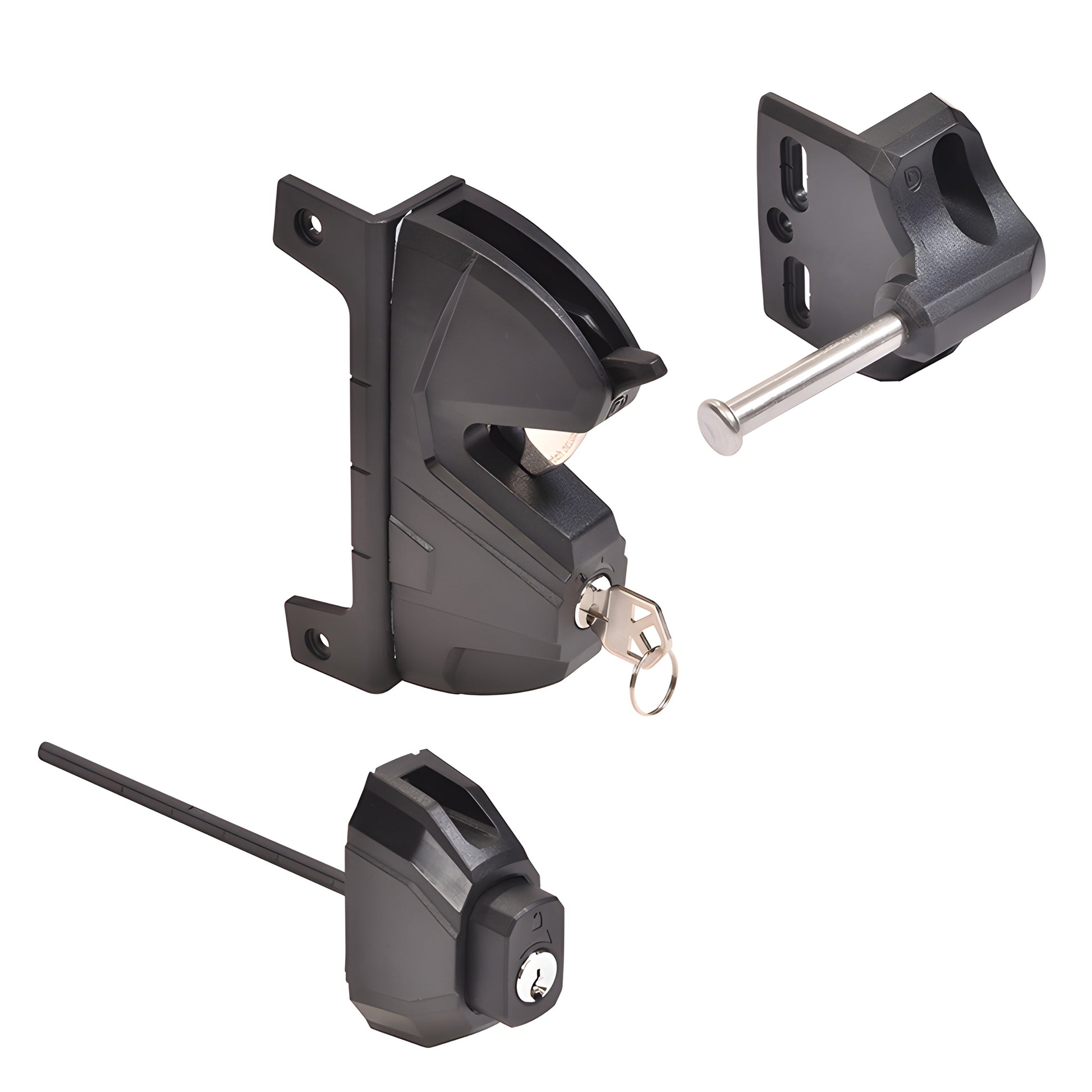 Black CRL Lokk Latch Pro gate latch (SKU LLP1BL) - glass reinforced polymer with key cylinder, exterior push button, striker