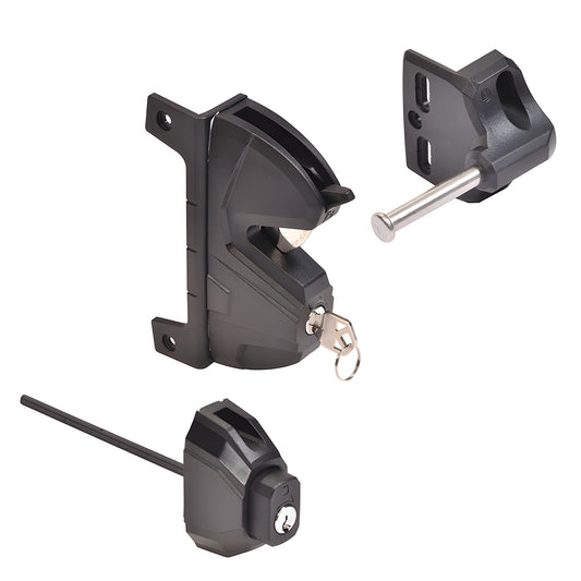 Black CRL Lokk Latch Pro gate latch (SKU LLP1BL) - glass reinforced polymer with key cylinder, exterior push button, striker