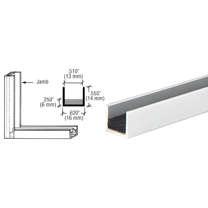 D606A satin anodized aluminum single jamb with black sponge rubber lining - U channel edge protector for sliding glass panels