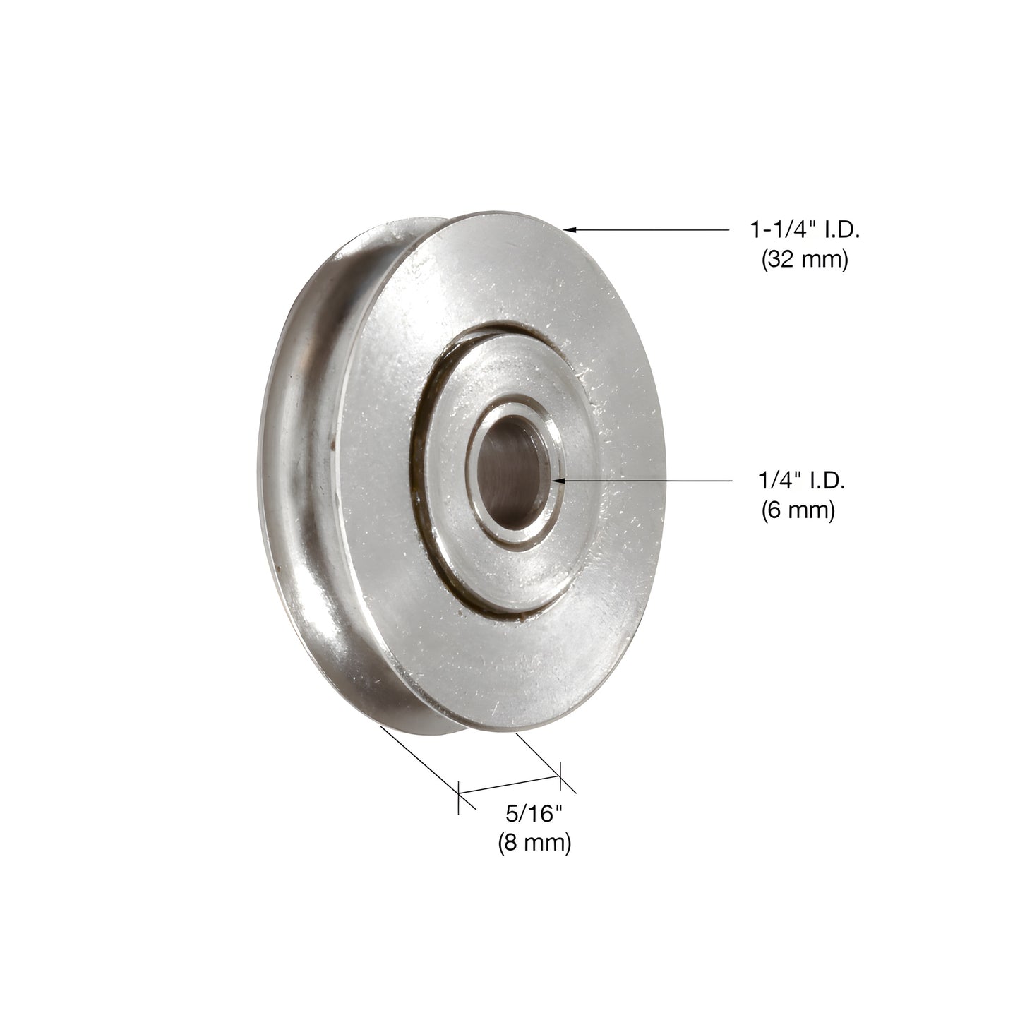 Stainless steel grooved ball-bearing patio door rollers, pair; 1/4" bore, 1-1/4" OD, 5/16" wide (SKU D1693)