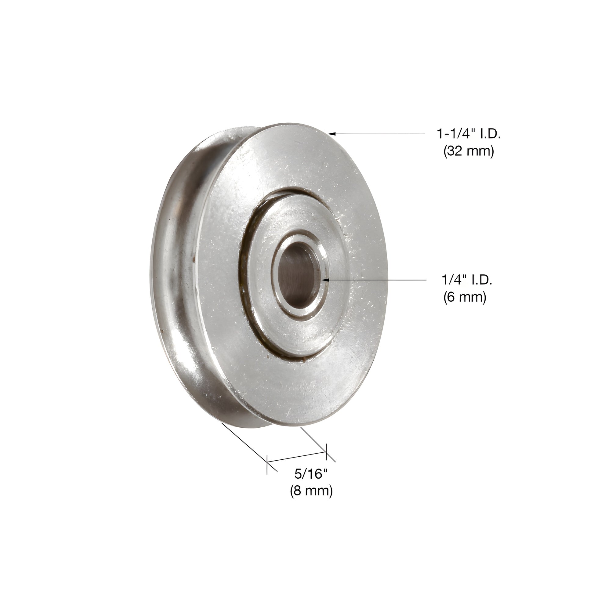 Stainless steel grooved ball-bearing patio door rollers, pair; 1/4" bore, 1-1/4" OD, 5/16" wide (SKU D1693)