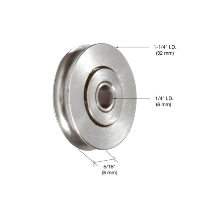 Stainless steel grooved ball-bearing patio door rollers, pair; 1/4" bore, 1-1/4" OD, 5/16" wide (SKU D1693)