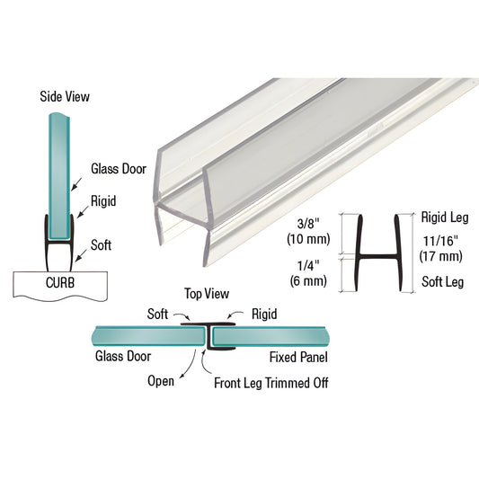 P375HWS clear polycarbonate H wipe door seal, extra soft twin legs for 3/8" (10mm) glass, 95" length, trim-to-fit