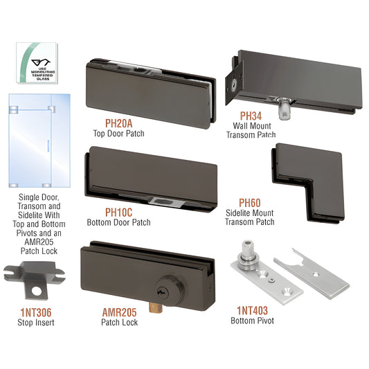 PHA4LDU black bronze glass door hardware kit: top/bottom patches, transom & sidelite patches, bottom pivot and patch lock
