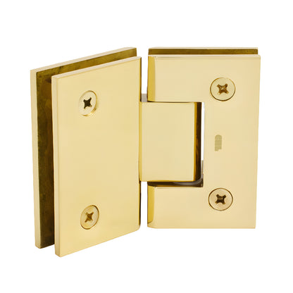 GEN045BR polished brass square glass-to-glass hinge, 135 self-centering, fits 8-12mm tempered glass