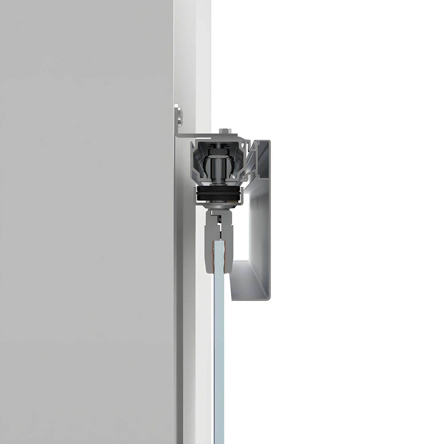 CRL50S2 satin anodized top-track for synchronized bi-parting tempered glass doors with one sliding glass panel.