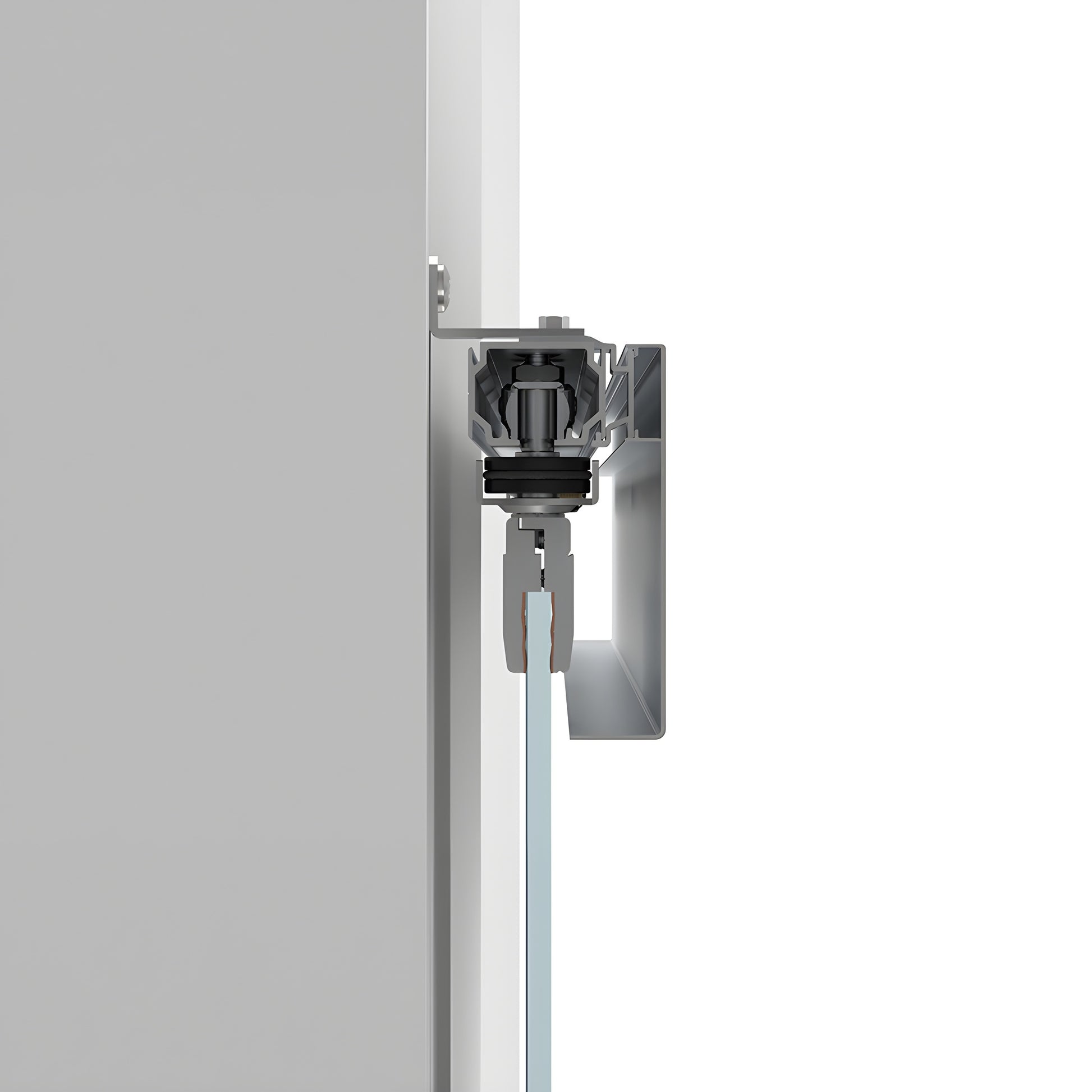 CRL50S2 satin anodized top-track for synchronized bi-parting tempered glass doors with one sliding glass panel.