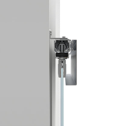 CRL50S2 satin anodized top-track for synchronized bi-parting tempered glass doors with one sliding glass panel.
