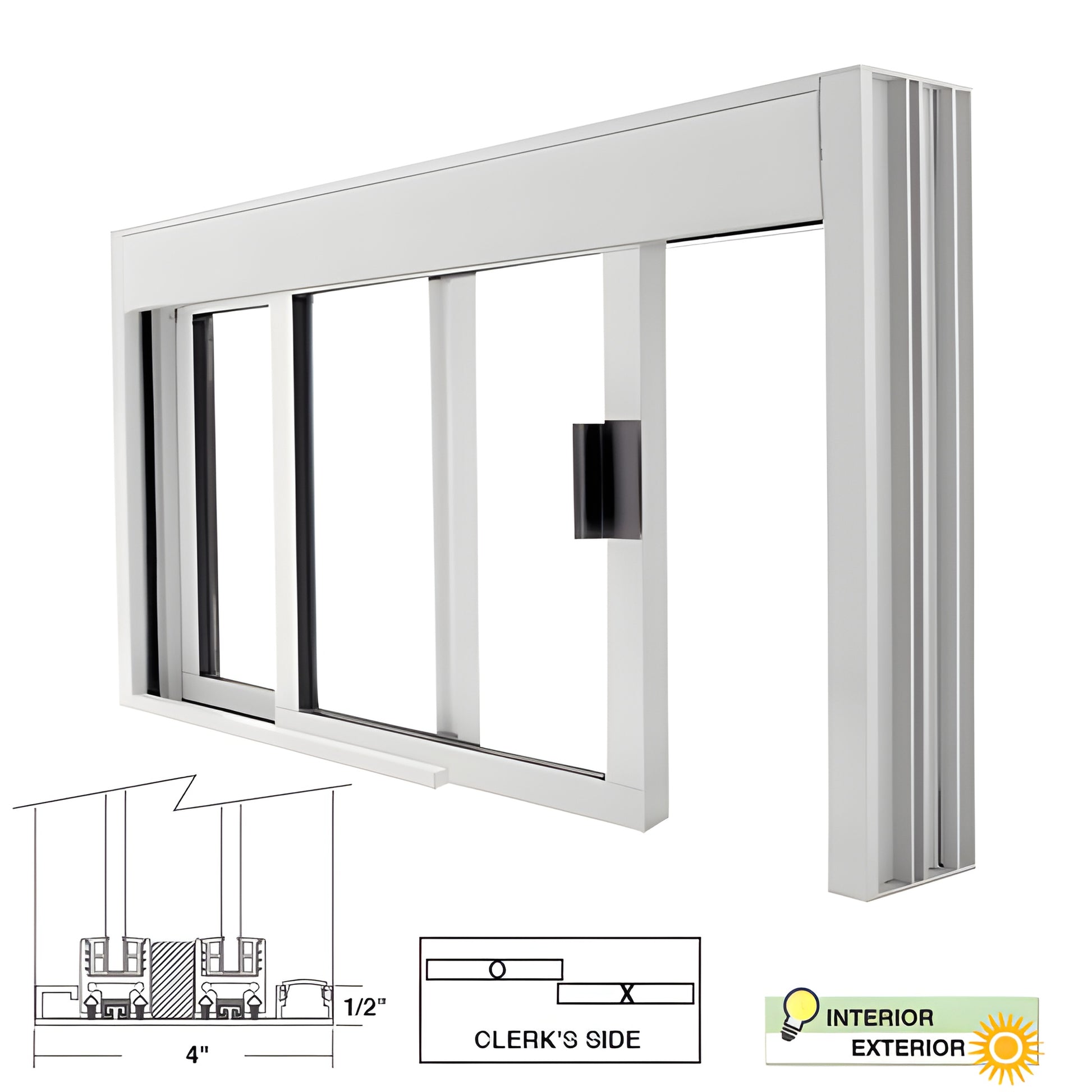 CRL DW48360XUA satin anodized aluminum sliding service window frame, 48x36, self-latching clerkside OX, unglazed.