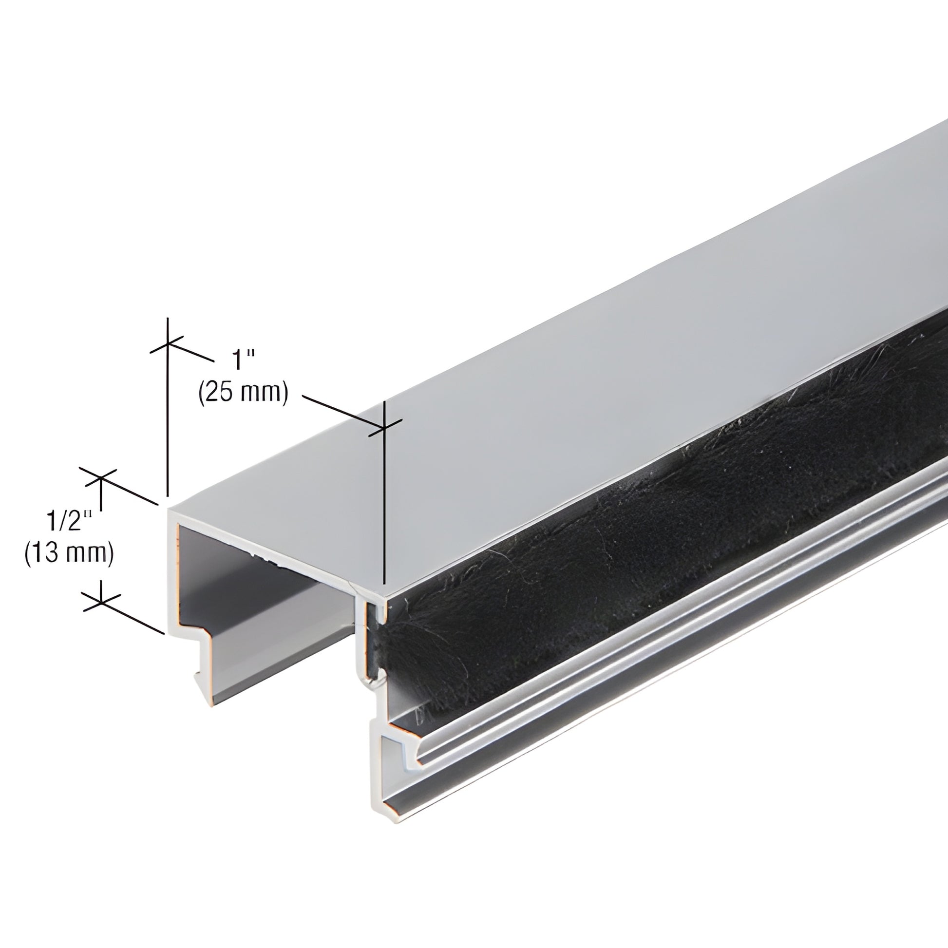 Clear anodized aluminum extrusion profile with black weatherstrip, 1" x 1/2" dimensions, SKU DS04711