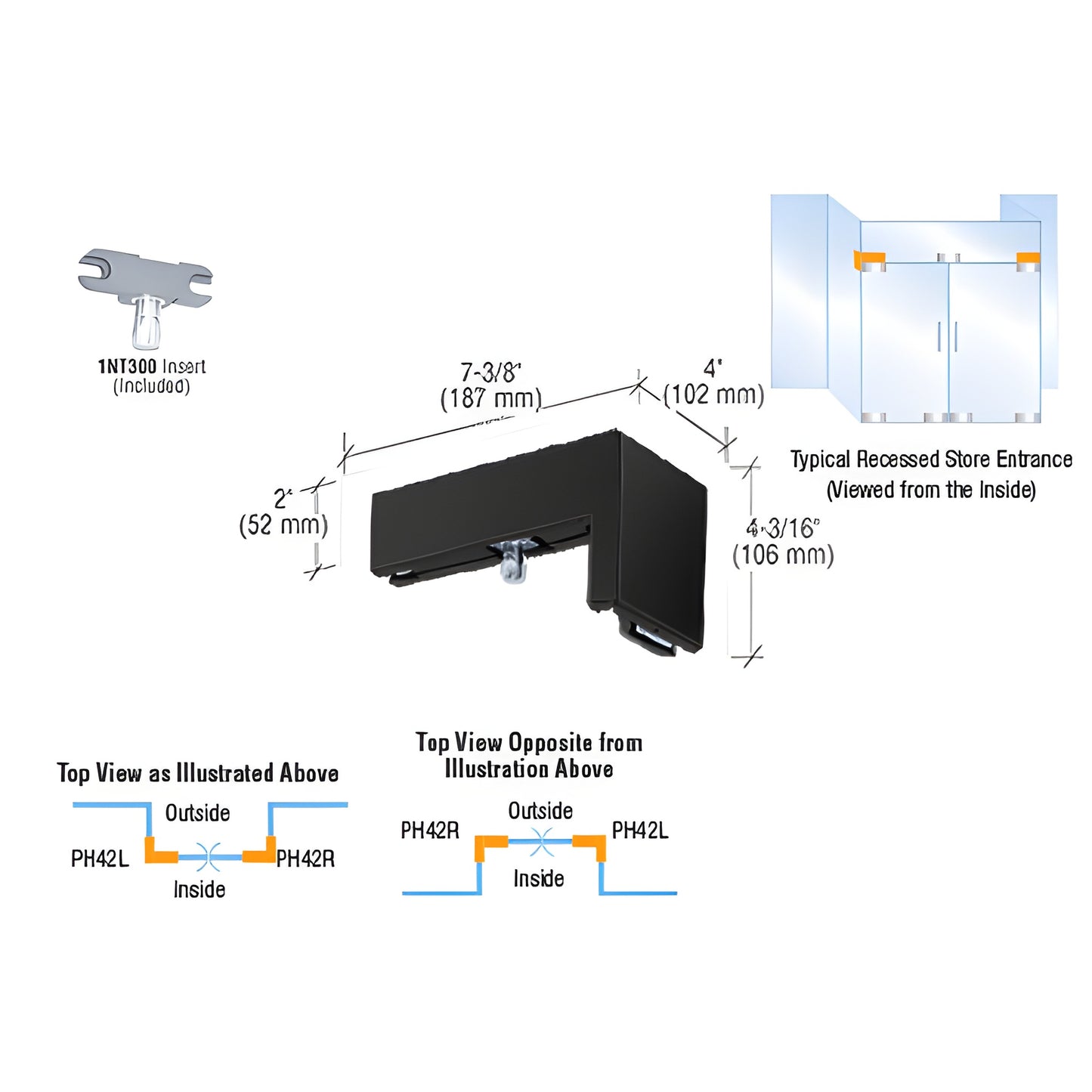 PH42RMBL matte-black 90 right-hand sidelite-mounted transom patch for 3/8" frameless glass, with 1NT300 insert.