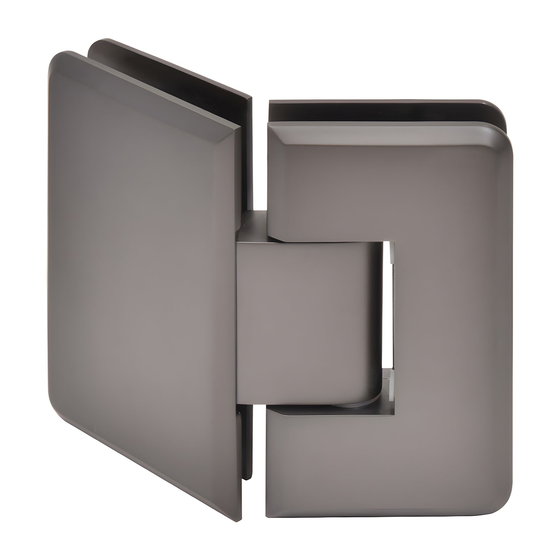 Matte gun metal Cologne 135 glass-to-glass shower hinge, beveled solid-brass design (SKU C0L045MGM).