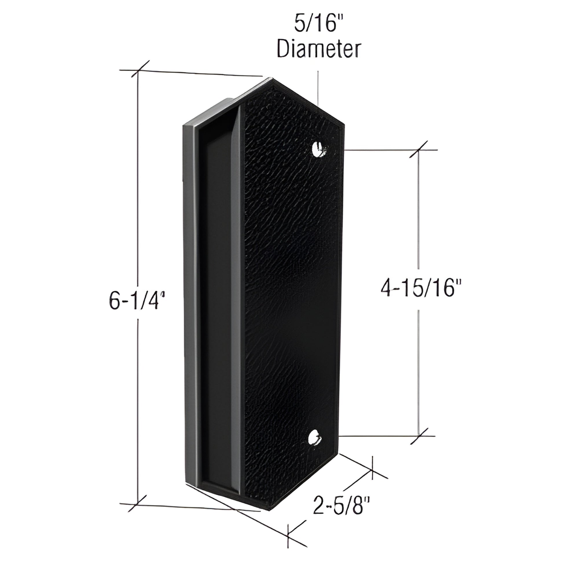 V312B black polycarbonate outside patio door pull, 6-1/4" tall, surface-mount, 4-15/16" hole spacing, 2-5/8" protrusion.