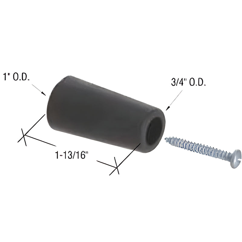 Black rubber sliding glass door bumper SKU D1568, 1-13/16 in long, 1 in/3 4 in diam, shown with mounting screw