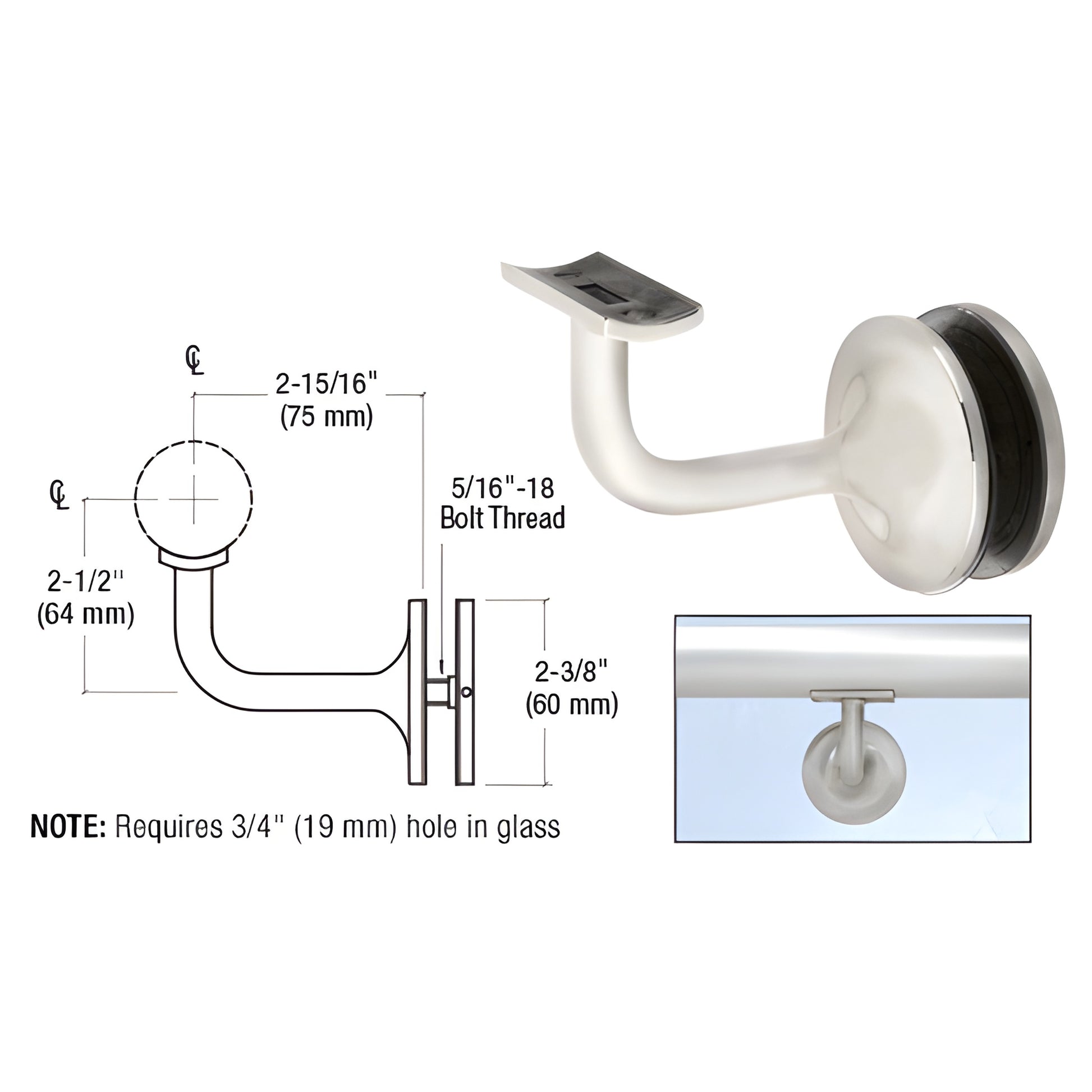CRL HR15GBS brushed stainless steel glass-mounted handrail bracket, supports 1-1/2"-2" rails, requires 3/4" (19 mm) glass hol