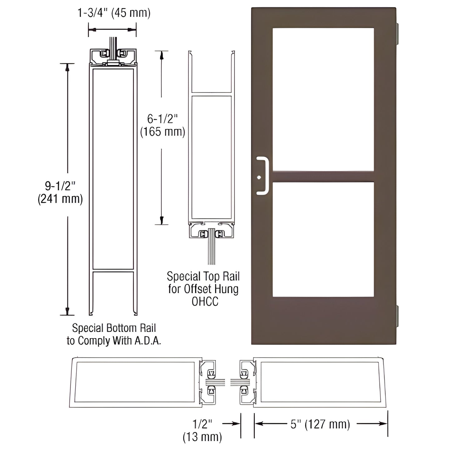 CZ51422 CRL wide-stile entrance door, black bronze anodized, 5 in stiles, ADA 9-1/2 in bottom rail, two glass lites, panic ha