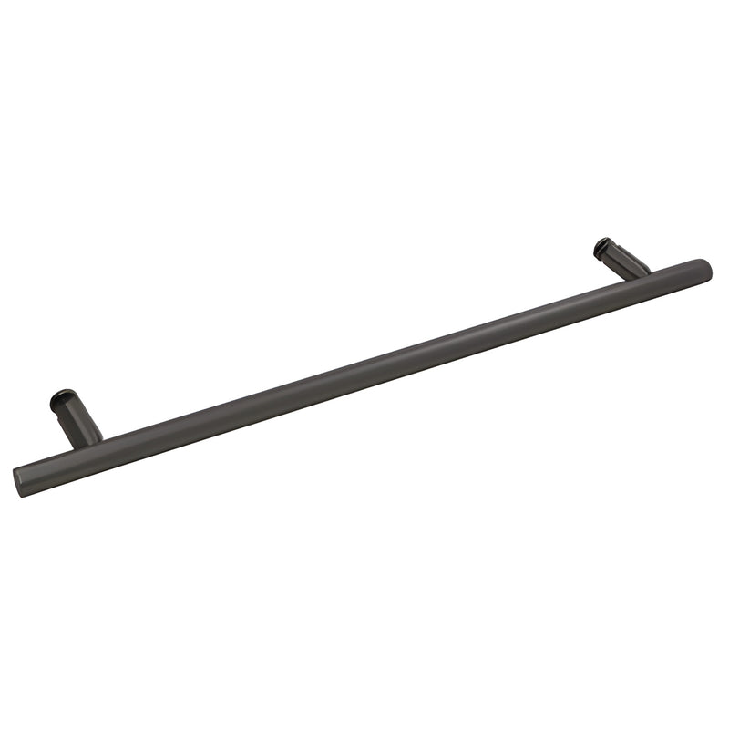 Matte black ladder-style 18" towel bar/pull, 3/4" tubular brass, single-sided glass mount for frameless shower doors.