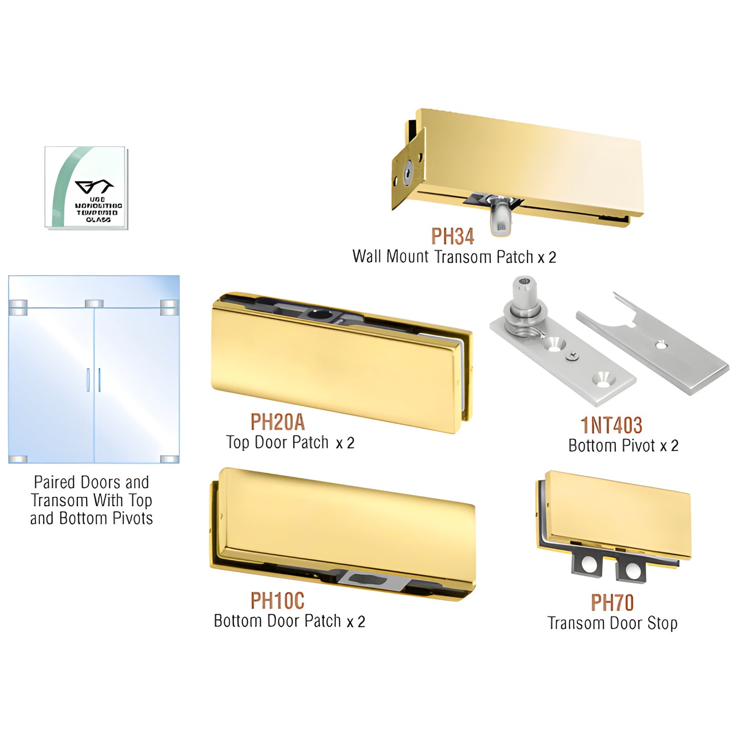 PHA6BR polished brass paired pivot door kit - wall/transom, top & bottom patches and pivots for 3/8" or 1/2" tempered glass
