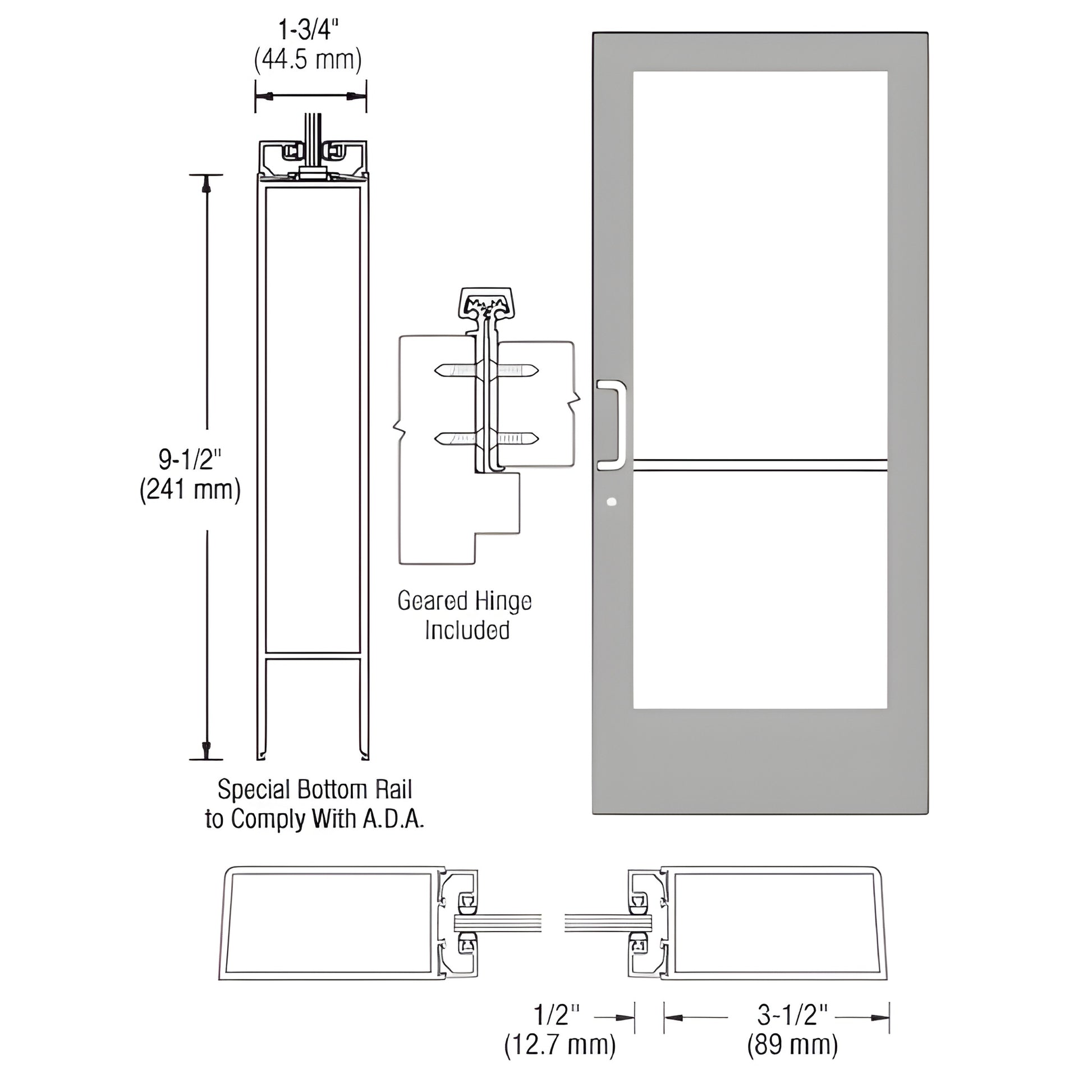 CRL medium stile entrance door SKU CD41811, clear anodized, 3.5" stiles, ADA 9.5" bottom rail, fits 1/4" glass