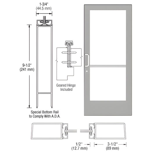 CRL medium stile entrance door SKU CD41811, clear anodized, 3.5" stiles, ADA 9.5" bottom rail, fits 1/4" glass