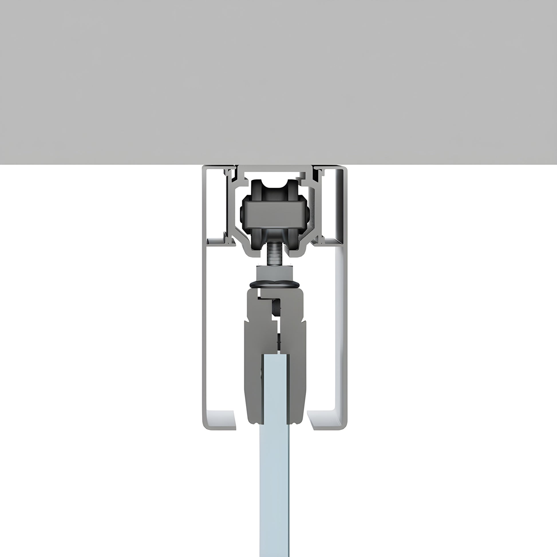 CRL50C satin anodized ceiling-mounted top-hung glass door kit showing track and 5/16" tempered glass panel.