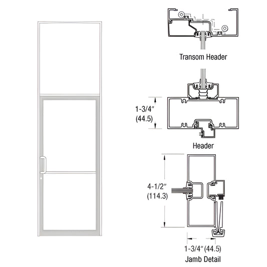 White Kynar gear-hinge transom door frame with aluminum threshold and jamb/header detail drawing - SKU FR61852