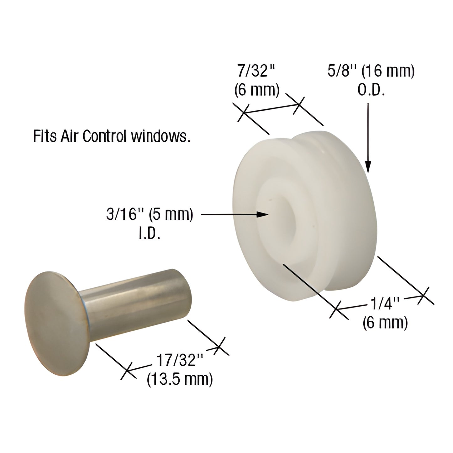 G3018 nylon concave roller (16mm OD, 5mm ID) with aluminum rivet axle pin - replacement for Air Control windows