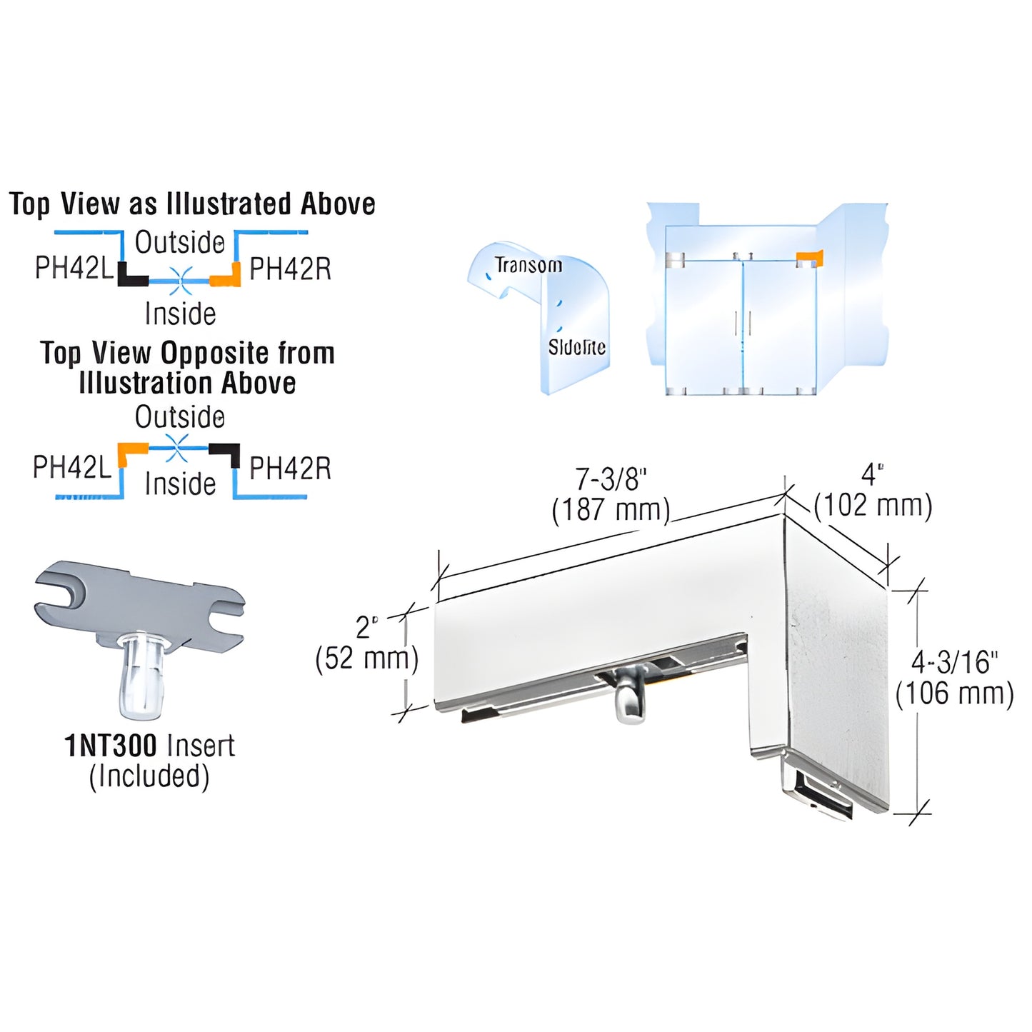 PH42RBS brushed stainless 90 left-hand sidelite transom patch for 3/8" (10 mm) glass, includes 1NT300 insert
