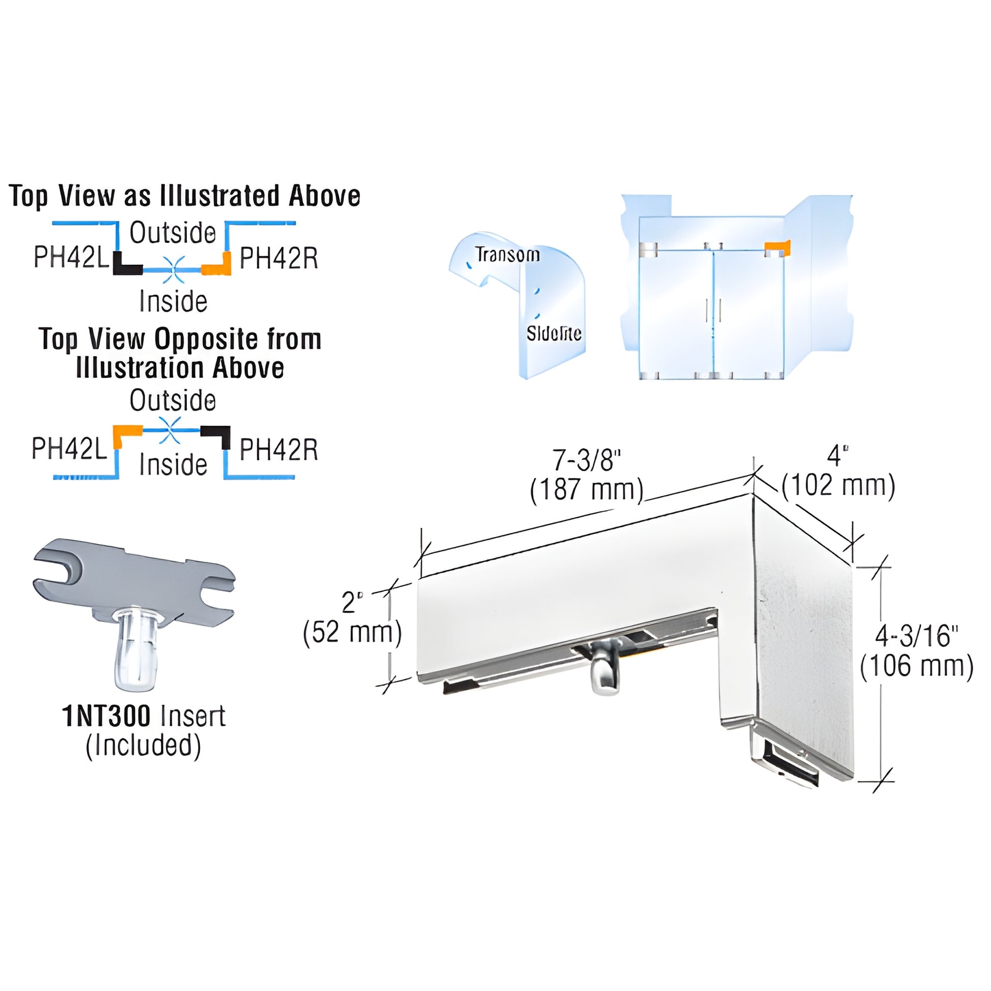 PH42RBS brushed stainless 90 left-hand sidelite transom patch for 3/8" (10 mm) glass, includes 1NT300 insert
