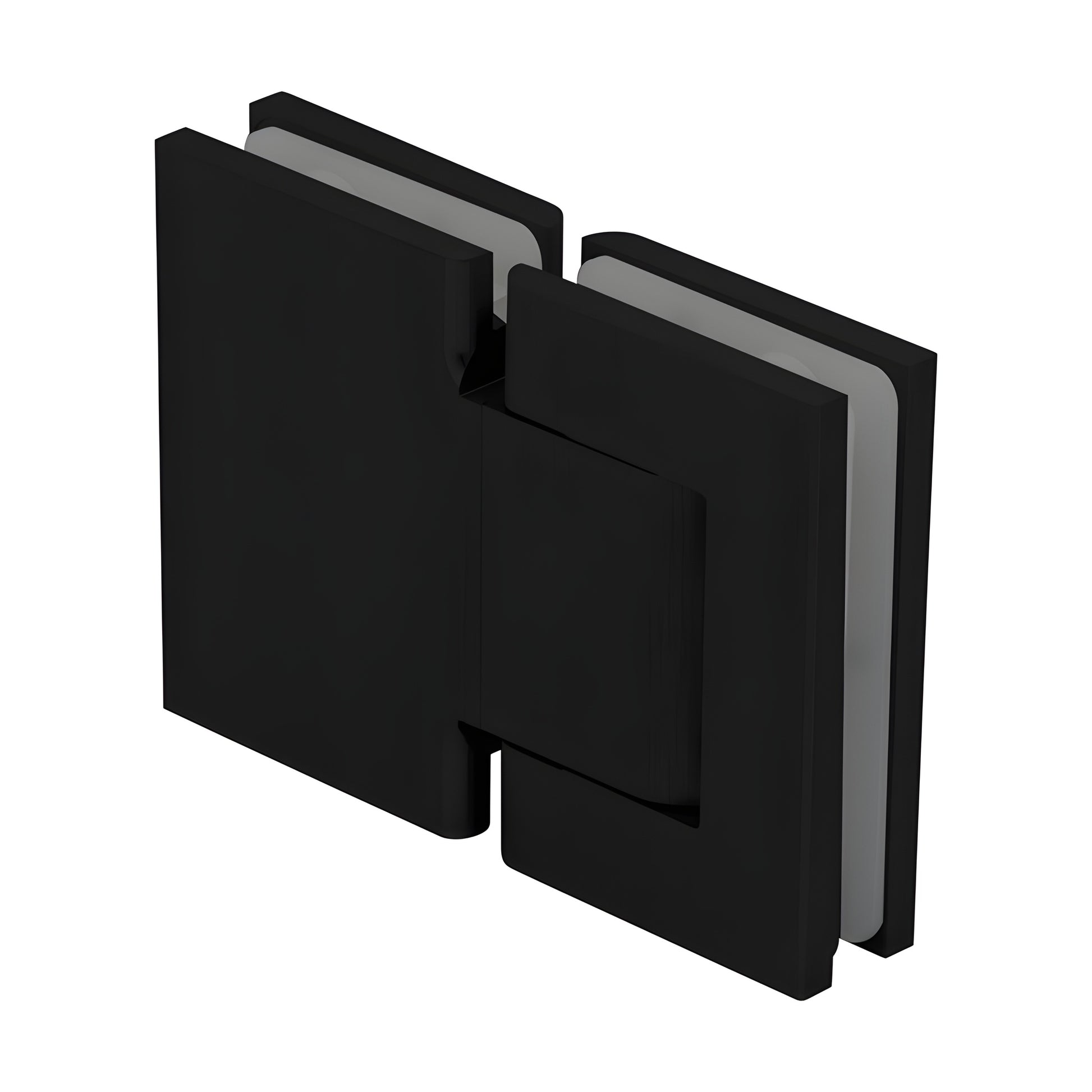 Matte black oil-dynamic full back plate glass hinge (SKU H8215BTMBL) for 8-14mm frameless doors, self-closing.