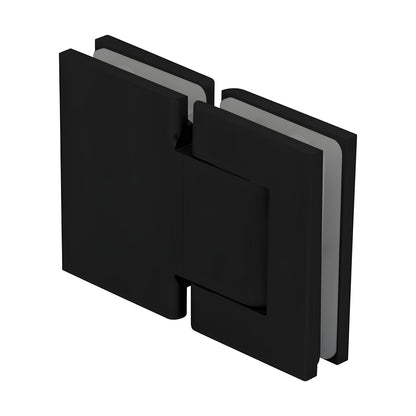 Matte black oil-dynamic full back plate glass hinge (SKU H8215BTMBL) for 8-14mm frameless doors, self-closing.