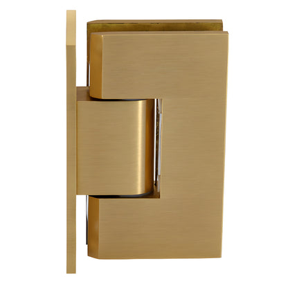 Satin brass Vienna adjustable glass shower hinge, wall mount full back plate (SKU V1E337SB)