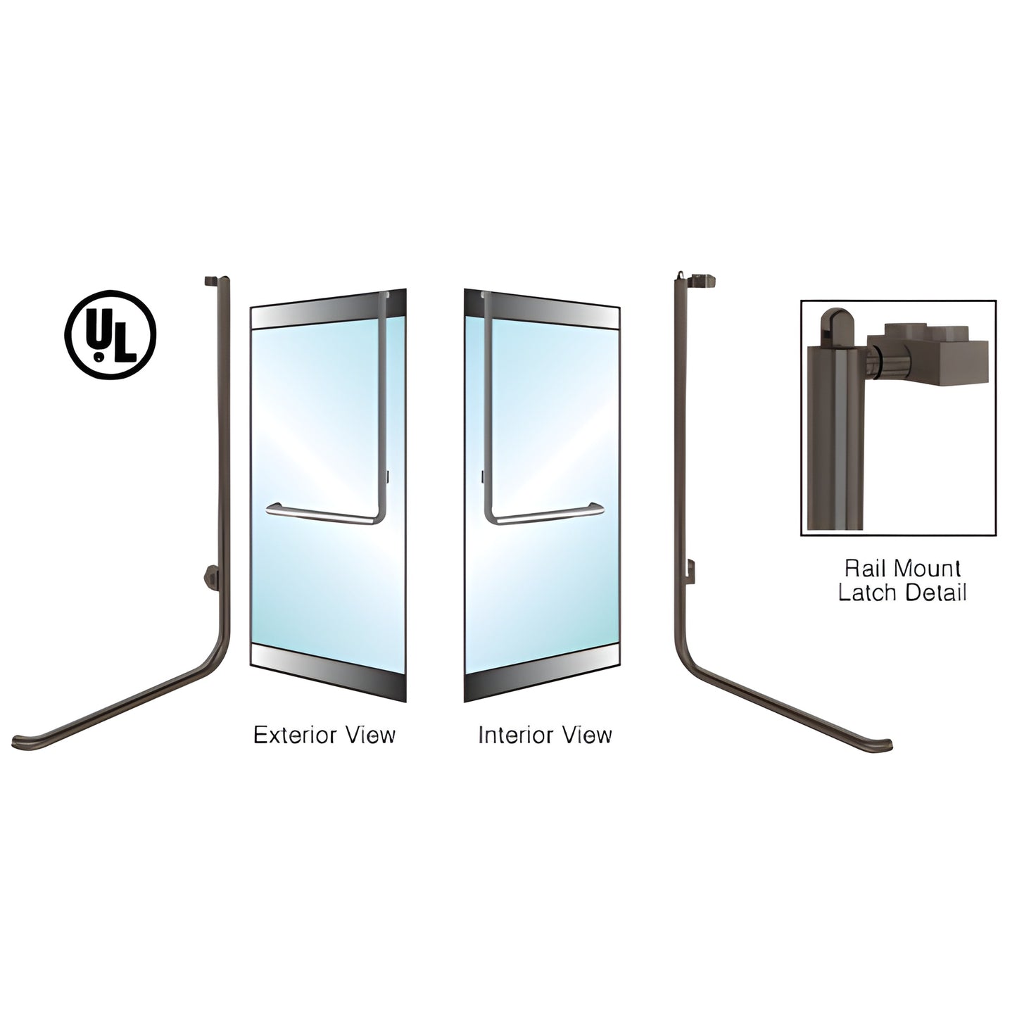 Oil-rubbed bronze PA100 rail-mount panic handle for 1/2"-3/4" tempered glass doors, left-hand reverse.