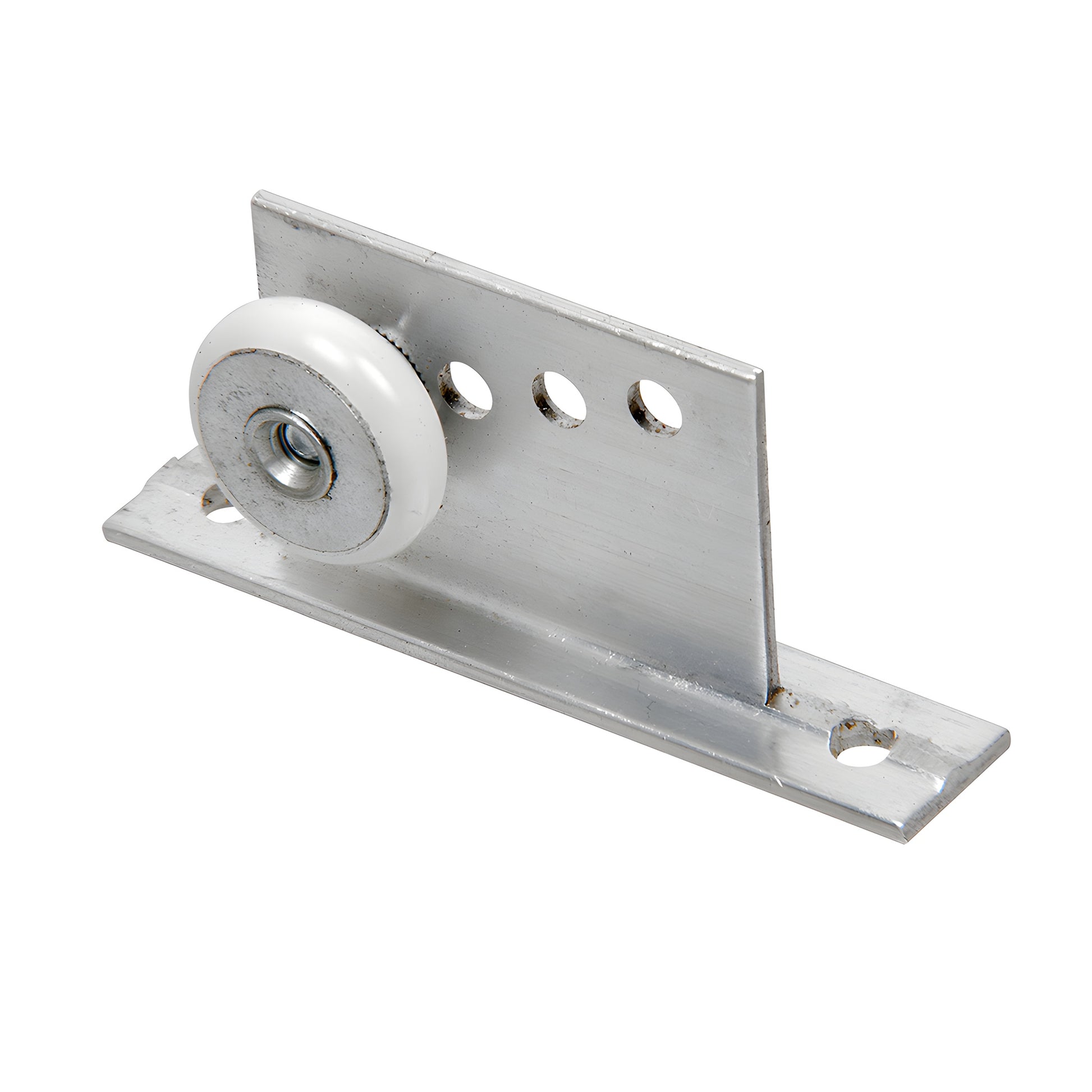 Aluminum top-hung shower door roller assembly with 3/4" white nylon wheel and adjustable bracket, SKU M6034