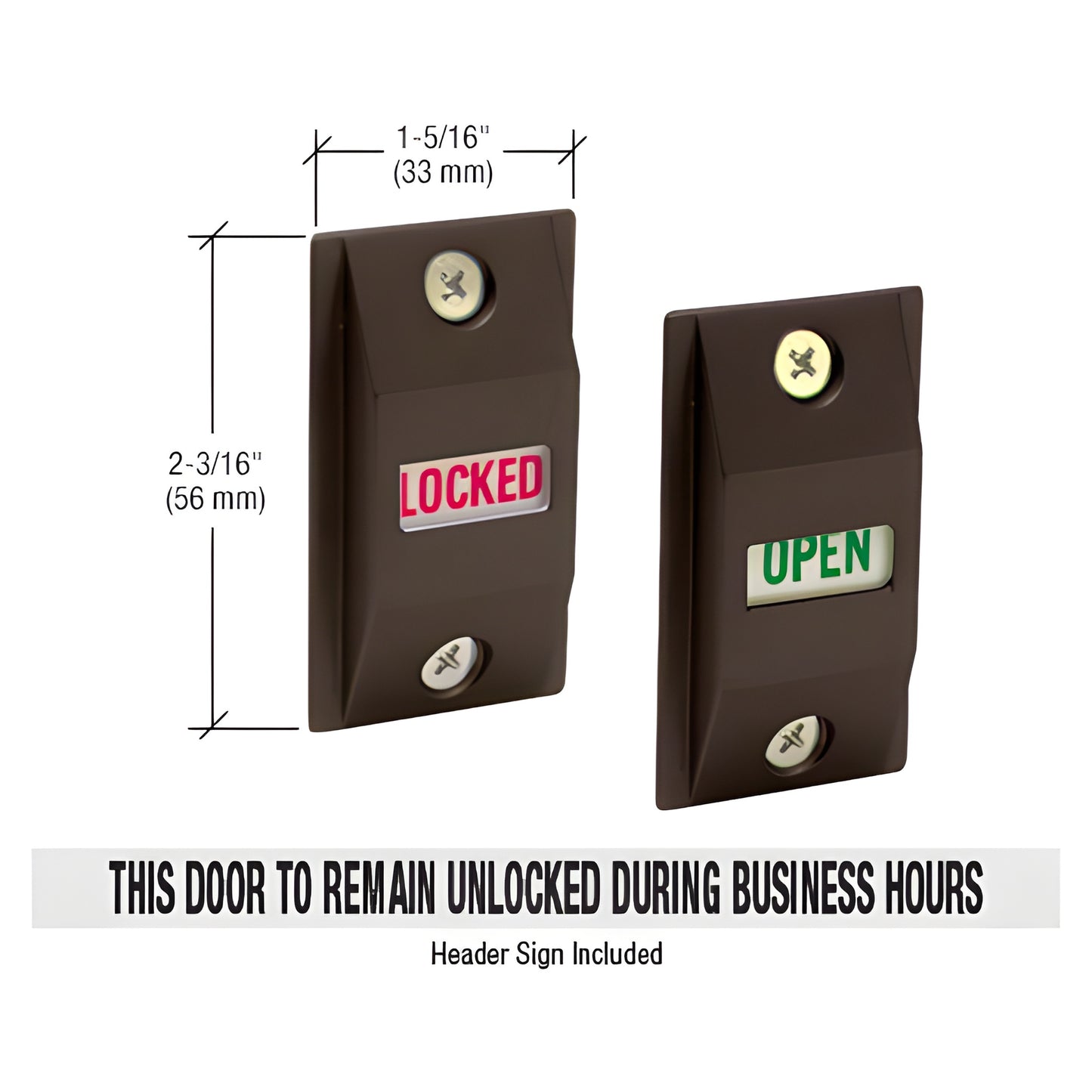 DL2187DU dark bronze deadlock indicator showing LOCKED (red) and OPEN (green), includes 26-inch header sign.