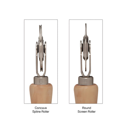 Screen and spline roller with contoured hardwood handle and two steel wheels (round and concave), SKU 166166RN