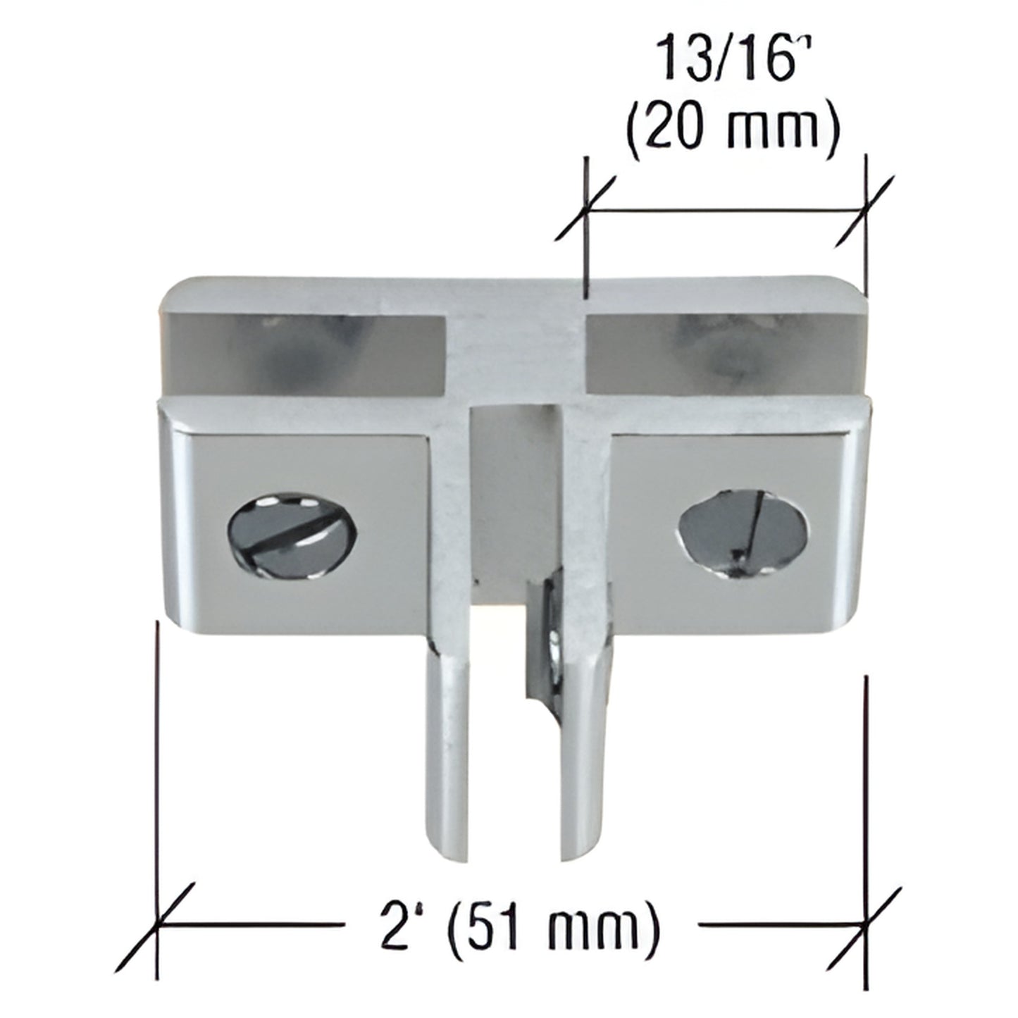 E314A chrome anodized aluminum three-way 90 glass connector for 5-6 mm panels, 2" wide.