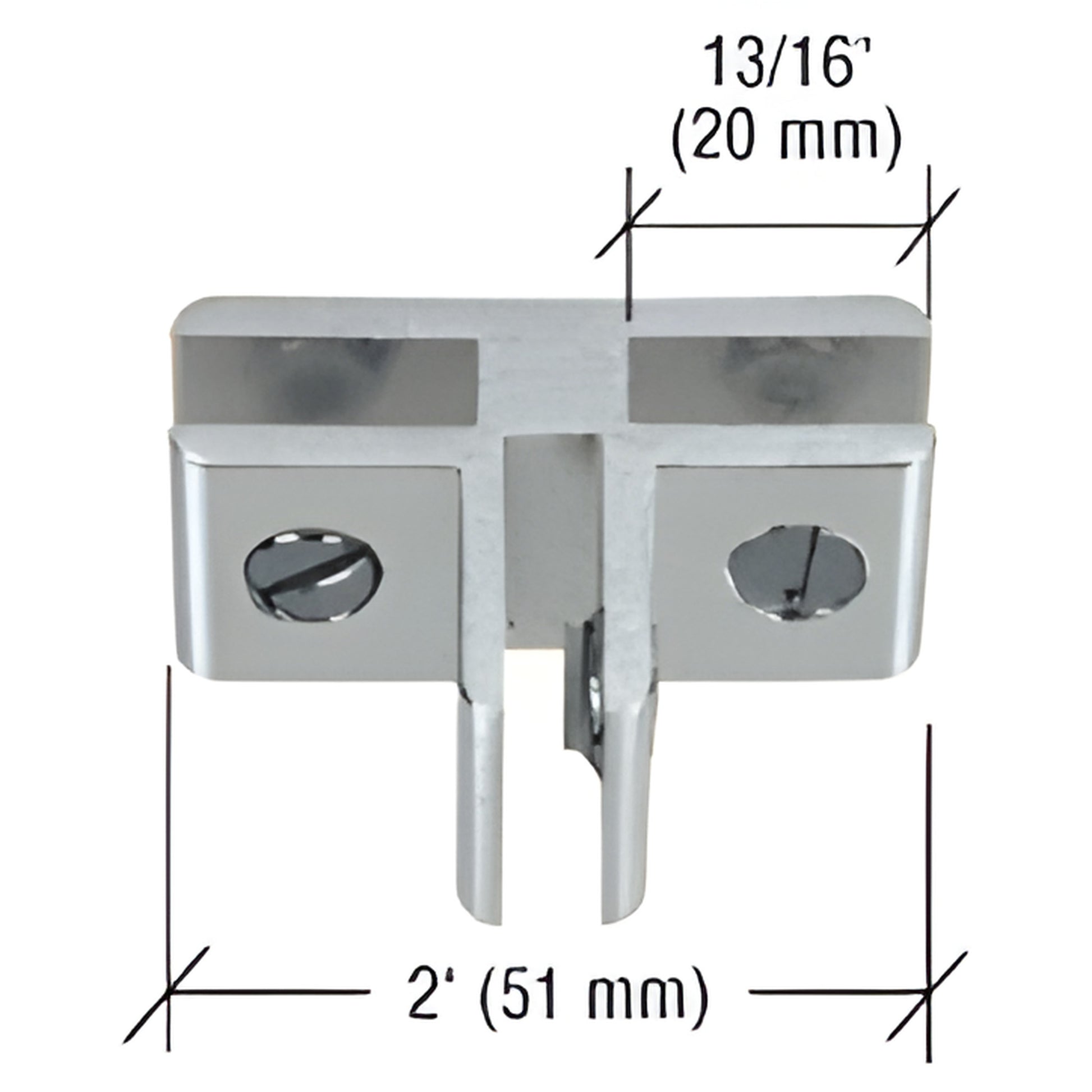 E314A chrome anodized aluminum three-way 90 glass connector for 5-6 mm panels, 2" wide.