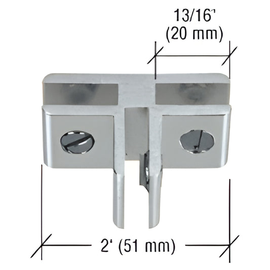 E314A chrome anodized aluminum three-way 90 glass connector for 5-6 mm panels, 2" wide.