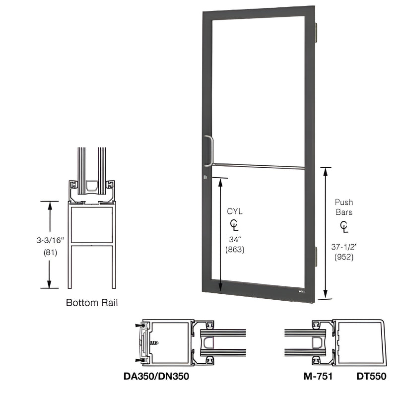 Black bronze anodized butt-hung active storefront glass door leaf (1" insulated glazing), push bar/pull. SKU LE22522LA36