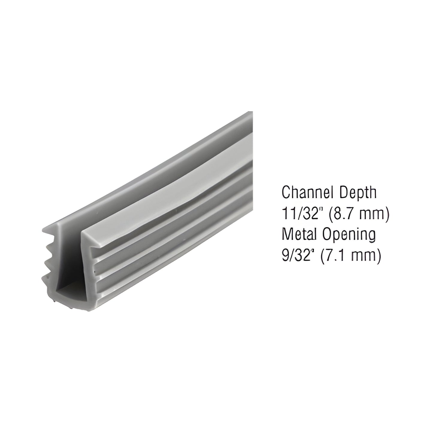 Gray CRL glazing vinyl U-channel (SKU D752BLM), ribbed profile for 3/16-7/32" glass; channel depth 11/32", metal opening 9/32