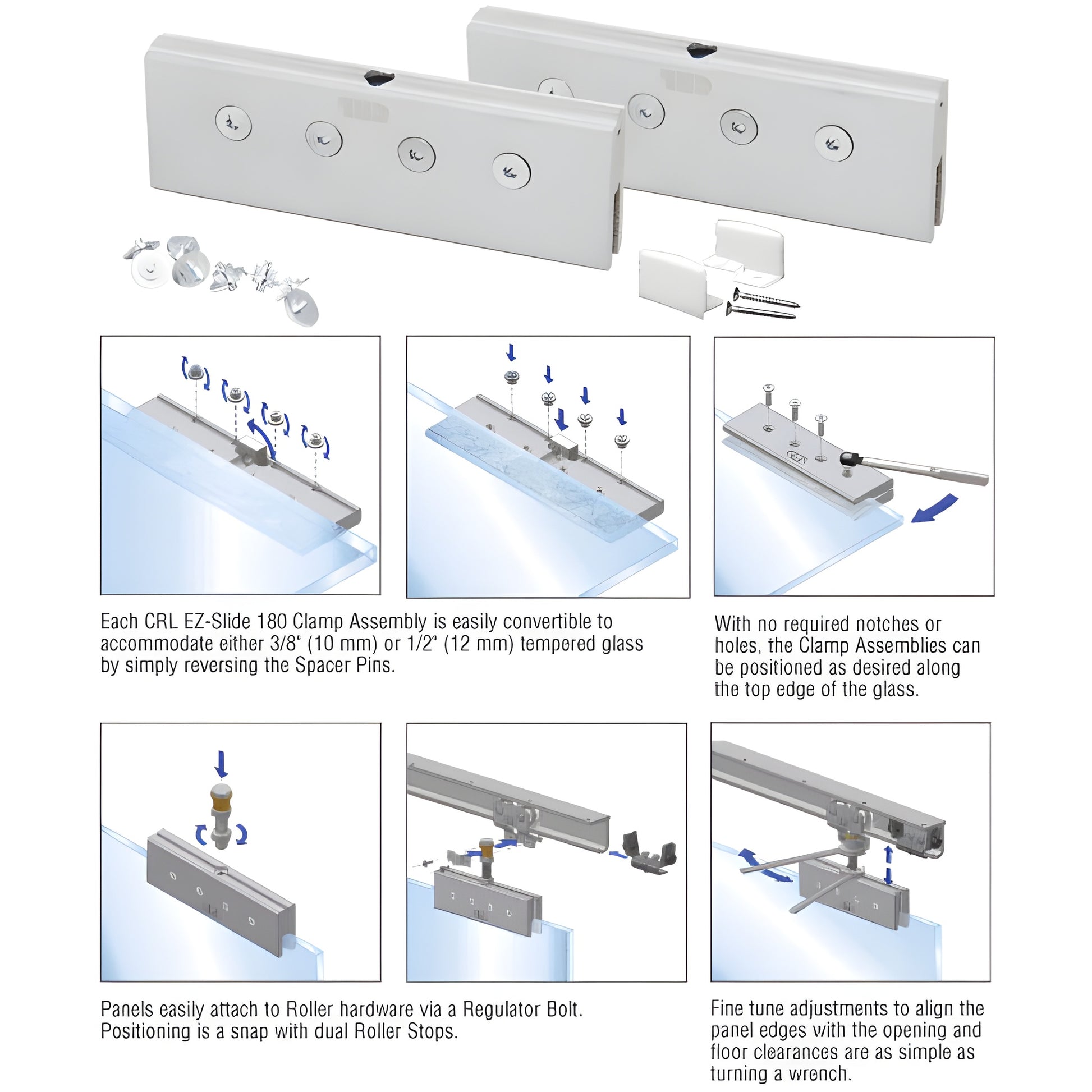 CRL3929 EZ-Slide 180 clamps - pair with screws and nylon bottom guide for 3/8-1/2" (10-12mm) tempered glass panels
