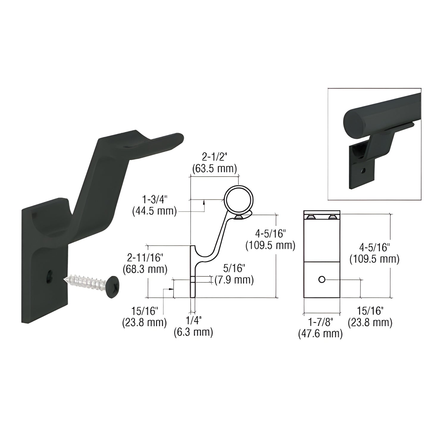 Matte black aluminum quick-connect handrail bracket ARHB1BL for 1-1/2" (38 mm) tubing, includes mounting screw and dimensions